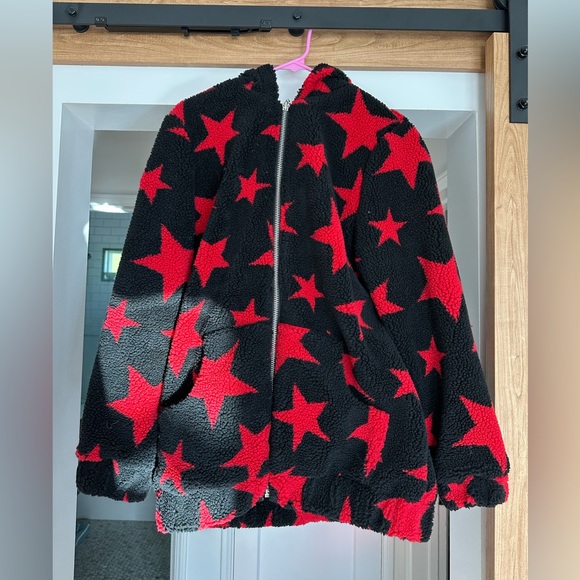 Current Mood Jackets & Blazers - Dolls Kill Current Mood Star Pattern Jacket - Black and Red
